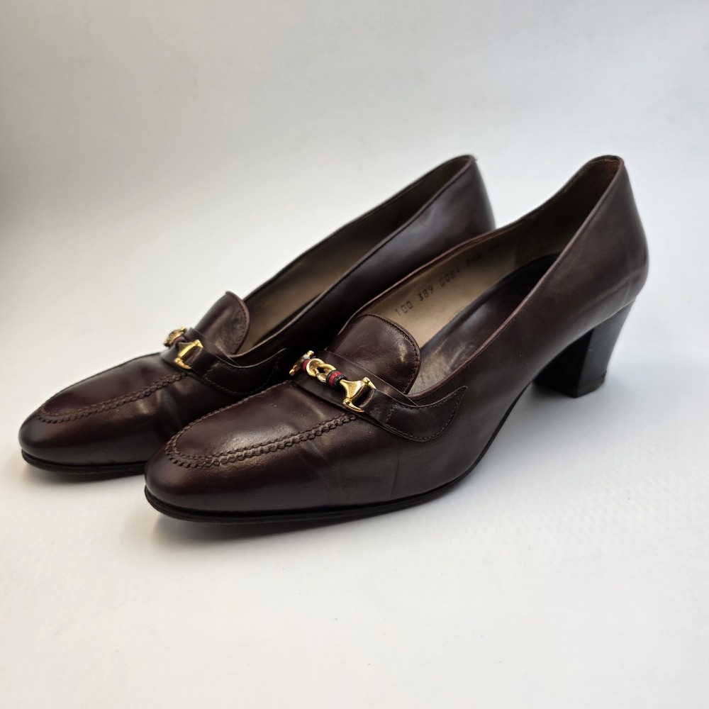 VTG‎ Gucci Horsebit Loafer Pumps Brown Leather Italy 38.5 AA Womens 7.5 Narrow